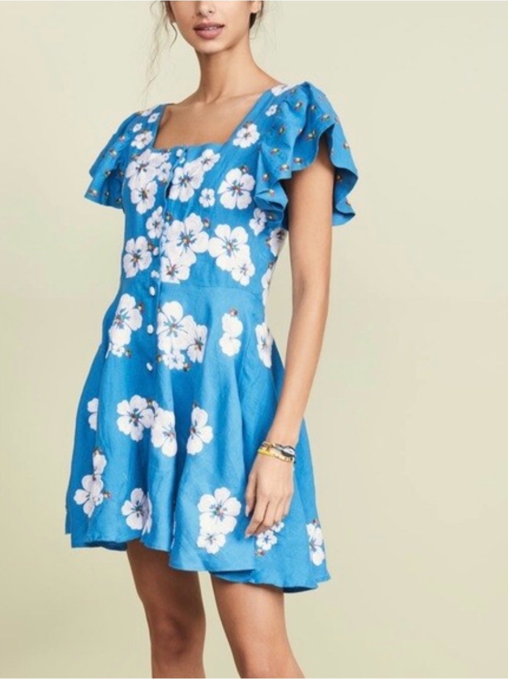 Bright Blue Floral Square-Neck Mini Dress with Flutter Sleeves